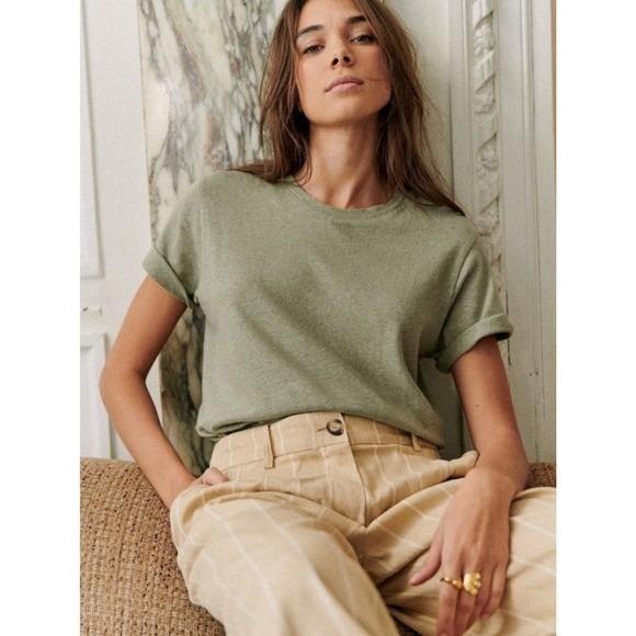 Sezane Olive Green Linen Blend T-Shirt Xs French Girl Quiet Luxury Chic Staple
